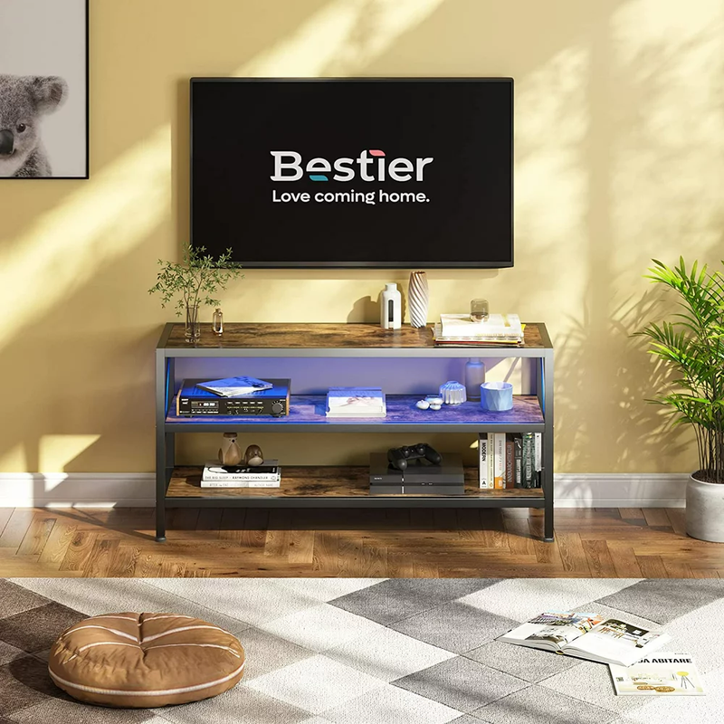 For Tvs Up To 50" Led Lights 3 Tier Open Shelves Rustic Fini