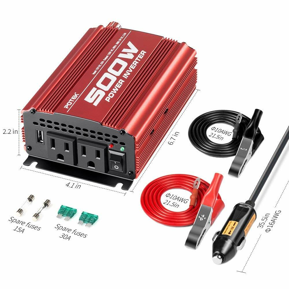 POTEK 500W Car Power Inverter DC 12V to AC 110V with 2 AC outlets and 2A USB