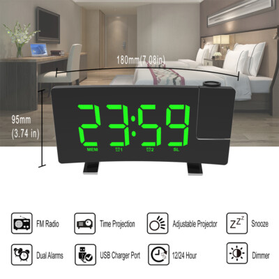 LED Digital Alarm Clock FM Radio Snooze Time Projection Dimmer USB Desktop Clock
