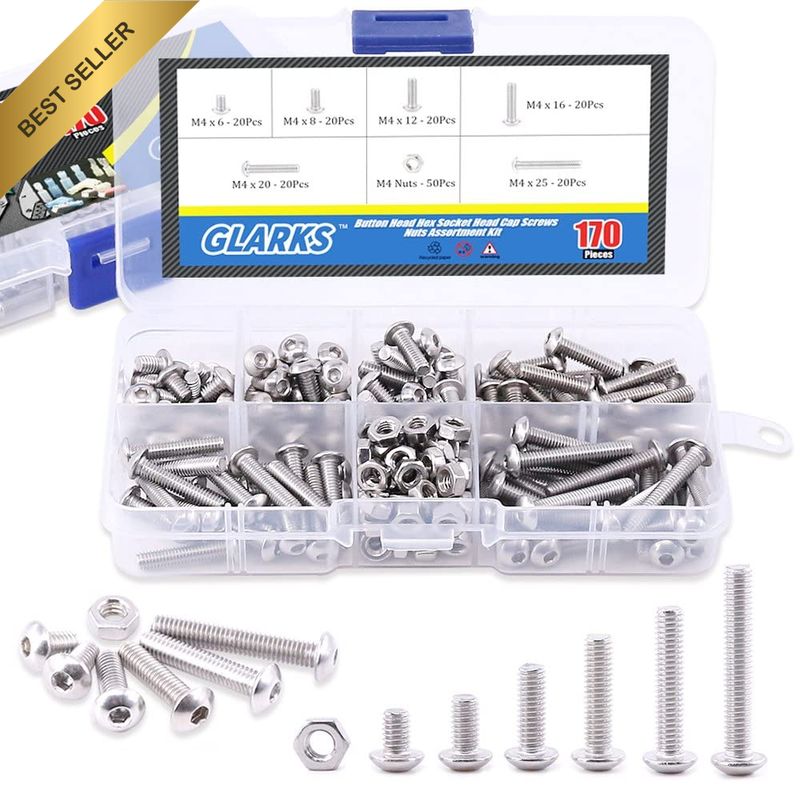 170Pcs M4 Stainless Steel Allen Hex Drive Button Head Socket Cap Bolts Screws Nu
