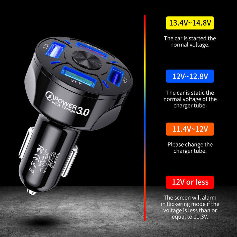 4 USB Phone Charger Adapter LED Display QC 3.0 Fast Charging Car Accessories Set