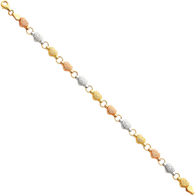 Pre-owned Wellingsale 14k Tri Color Gold Diamond Cut Heart Bracelet - 7.25"