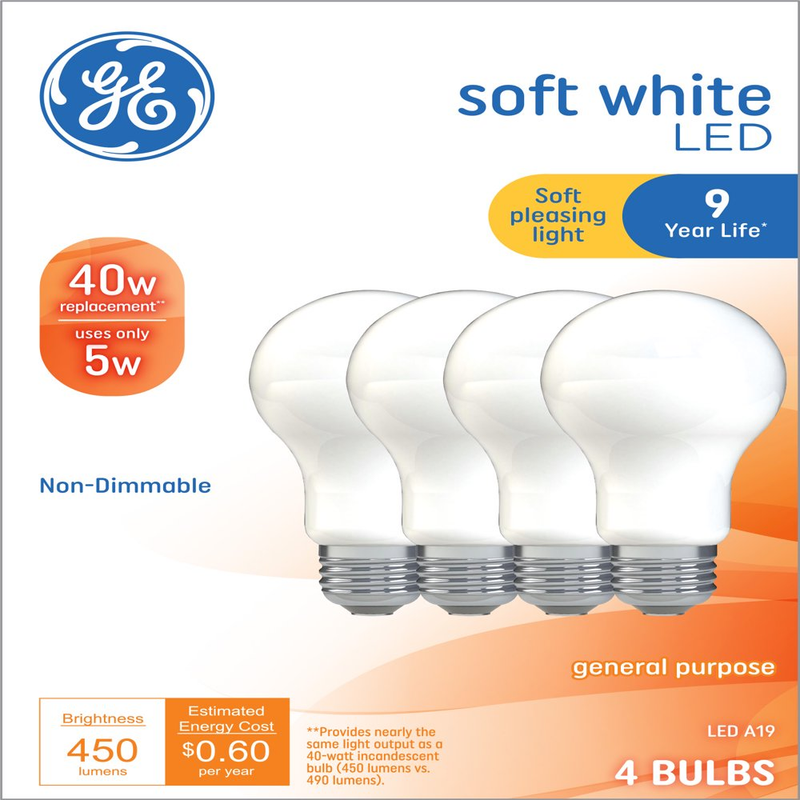 GE Soft White LED Light Bulbs, 40 Watt Eqv, A19 General Purpose, 9 Year, 4Pk