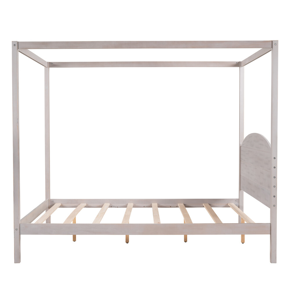 Queen Size Wood Canopy Bed Frame Four-Poster Canopied Platform Bed Frame Grey US