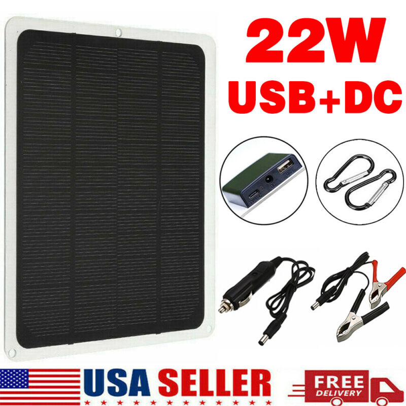 22W Solar Panel 12V Trickle Charger Battery Charger Kit Maintainer Boat RV Car