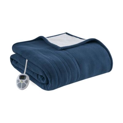 Serta Queen Fleece to Shearling Electric Heated Bed Blanket Blue: Machine