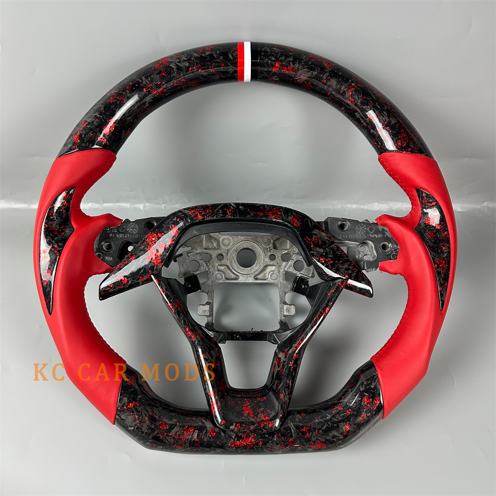 Black Forged Carbon Fiber Red Leather Steering Wheel for 2018-2023 Honda Accord