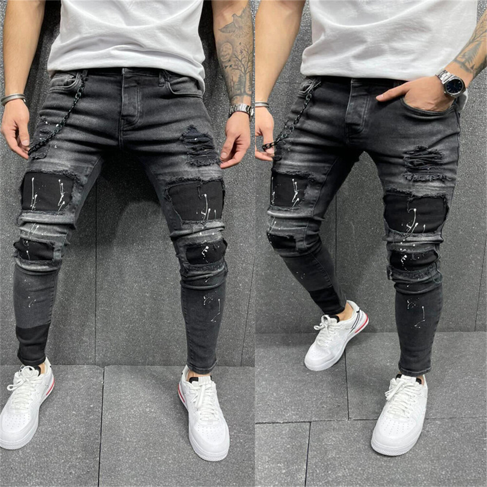 Mens Skinny Ripped Jeans Denim Pants Casual Stretch Slim Fit Hip Hop  Trousers | eBay