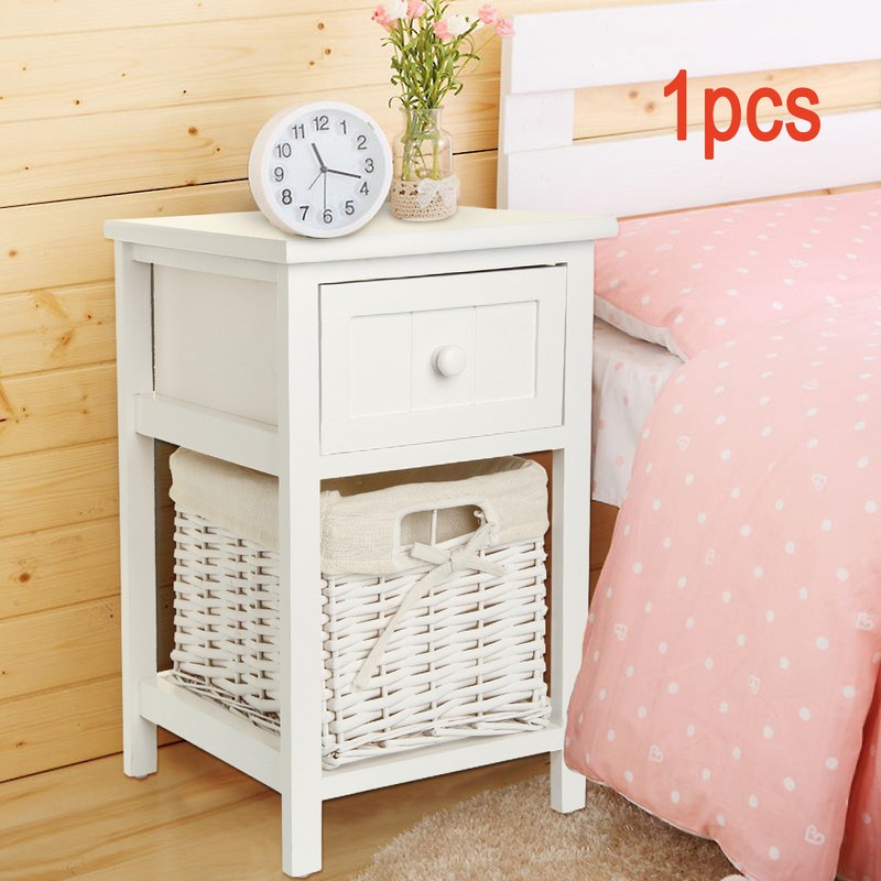 New White Shabby Chic Tall Bedside Storage Drawers Wicker Storage