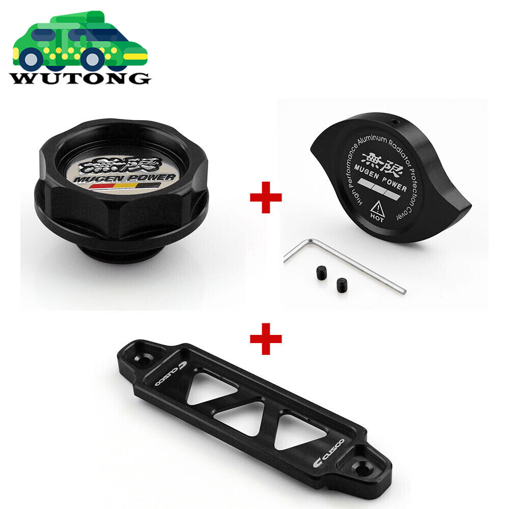 Black JDM Mugen Oil Filler Cap + Radiator Cap + Battery Tie Down For Honda Acura
