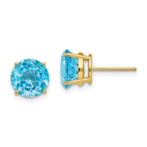 Pre-owned Jewelryweb 14k 8mm Blue Topaz Post Earrings In Yellow