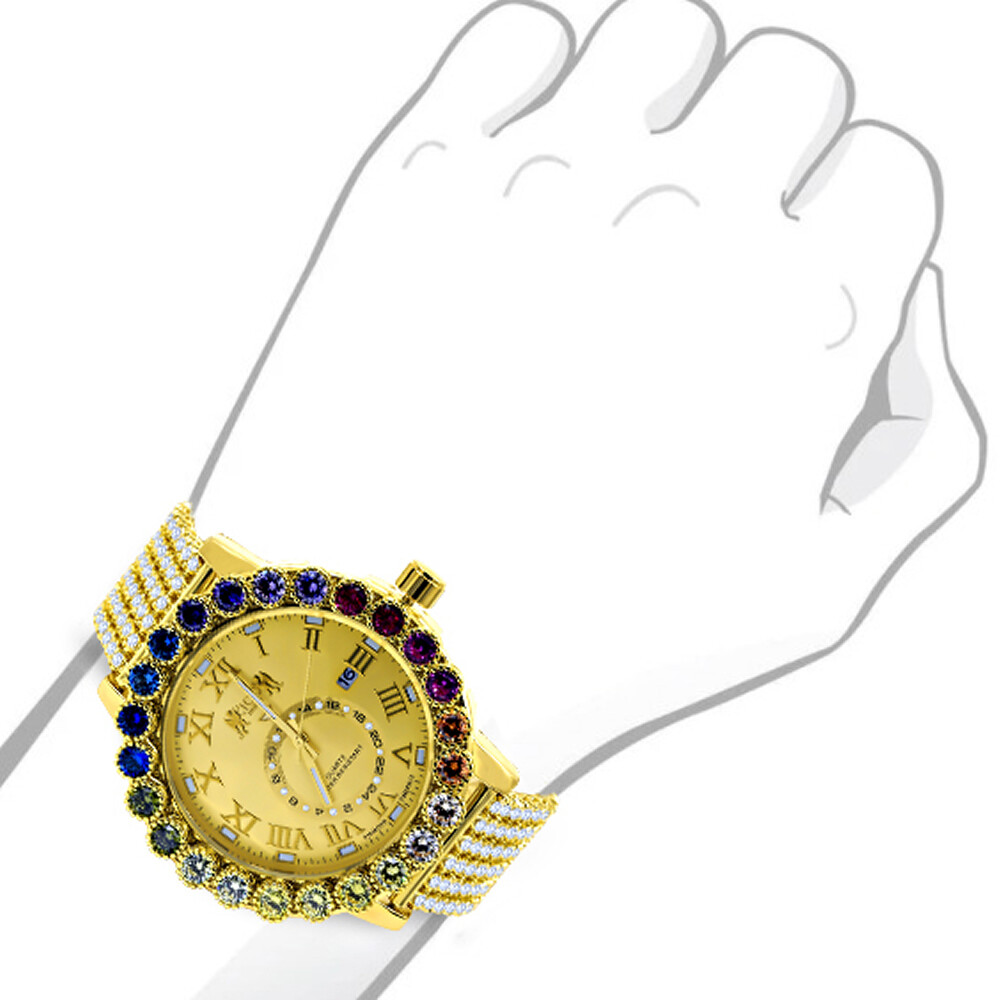 Pre-owned Ice House Rainbow Gold Multi Tone Prong Set Custom Time Piece Men's Custom Watch Xl 55mm