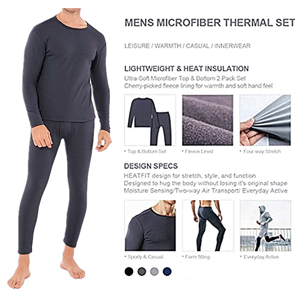 Men Ultra Soft Microfiber Fleece Thermal Top Bottom Long Johns Underwear Set