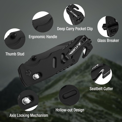 FLISSA Folding Pocket Knife Glass Breaker Seatbelt Cutter Survival Knife w/Clips