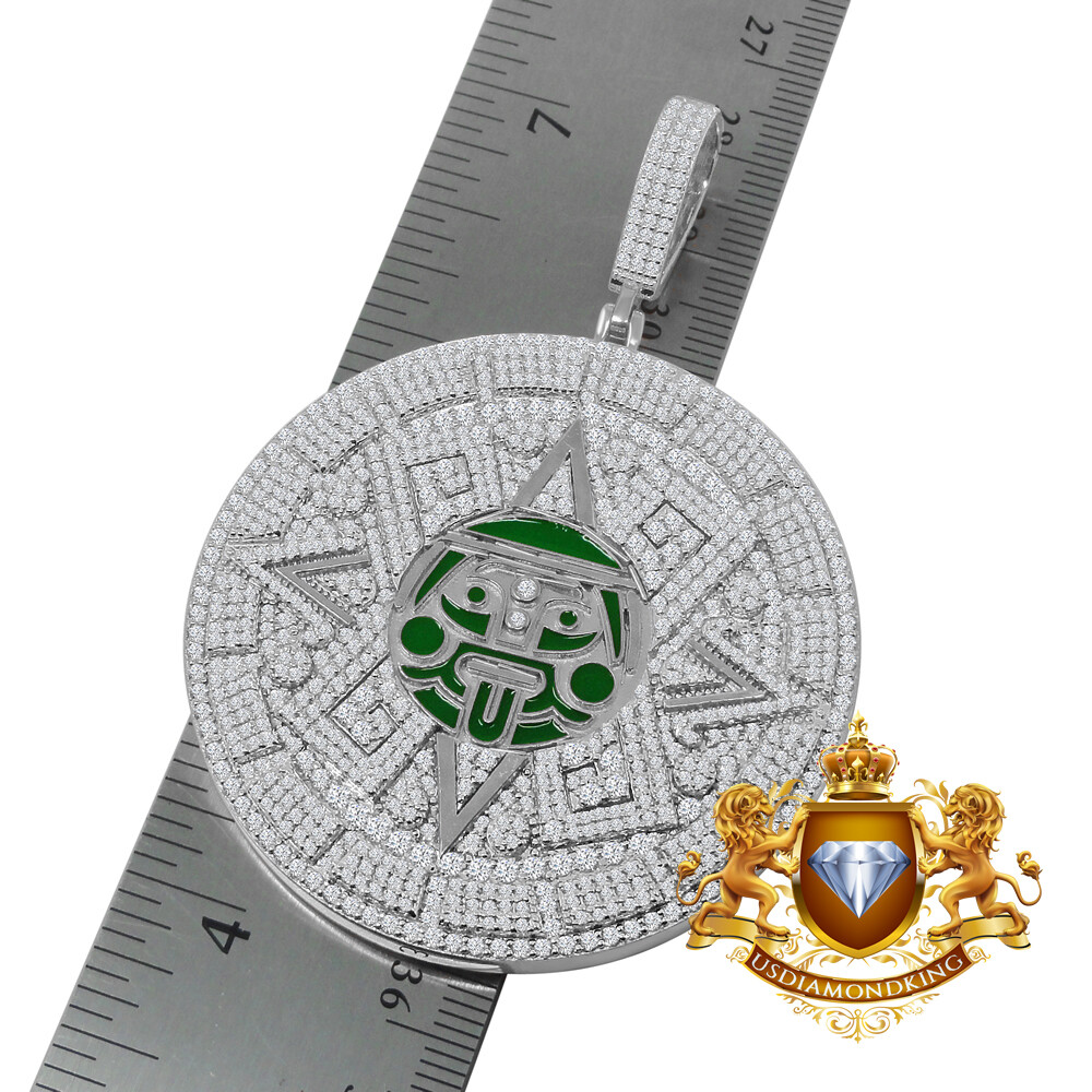 Pre-owned Us Diamond King Xl 3'' 14k White Gold On Silver Mayan Aztec Sun Calendar Pendant Charm Medallion In White/clear