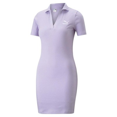 

Puma Classics Ribbed VCollar Short Sleeve Dress Womens Purple Casual 53805625, Фиолетовый