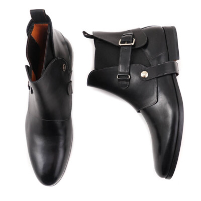 Pre-owned Santoni $1295  Fatte A Mano Black Chelsea Boots W/ Buckle Detail Us 6.5 Shoes