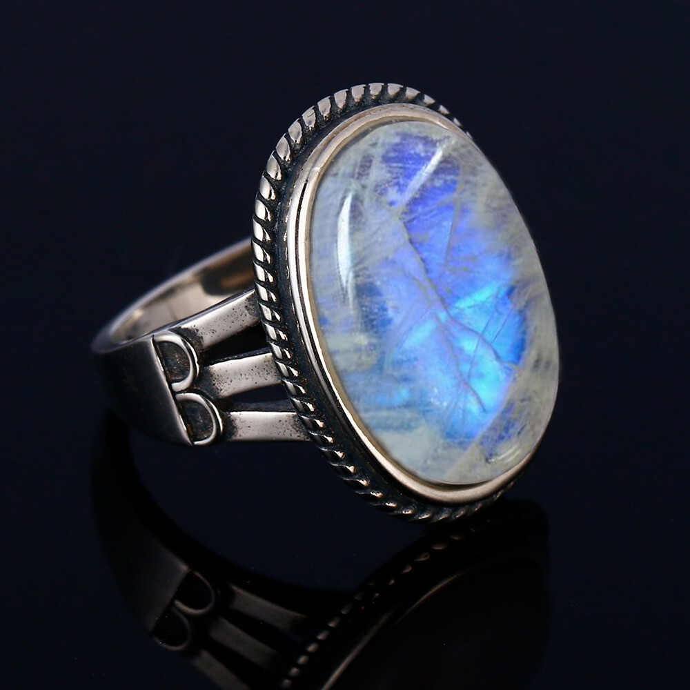 Vintage 925 Silver Oval Natural Rainbow Moonstone Wedding