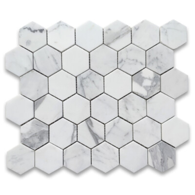 L32XP Statuary White Statuario Italian Marble 2 Hexagon Mosaic Tile Polished