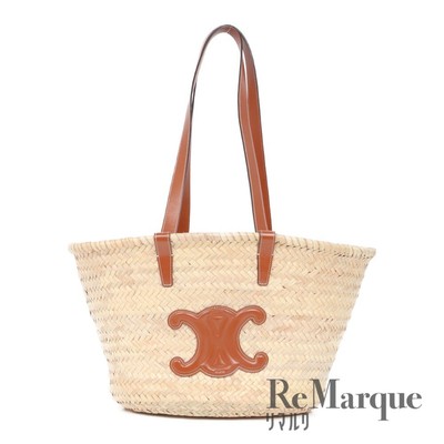CELINE Triomphe Handbag Raffia x Leather Brown 11383 Basket Bag From Japan USED