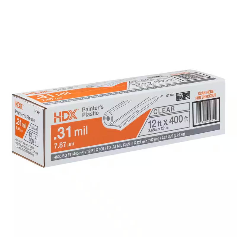 HDX Plastic Painter Drop Cloth Roll 12ft x400ft Clear Polyethylene Paint Masking