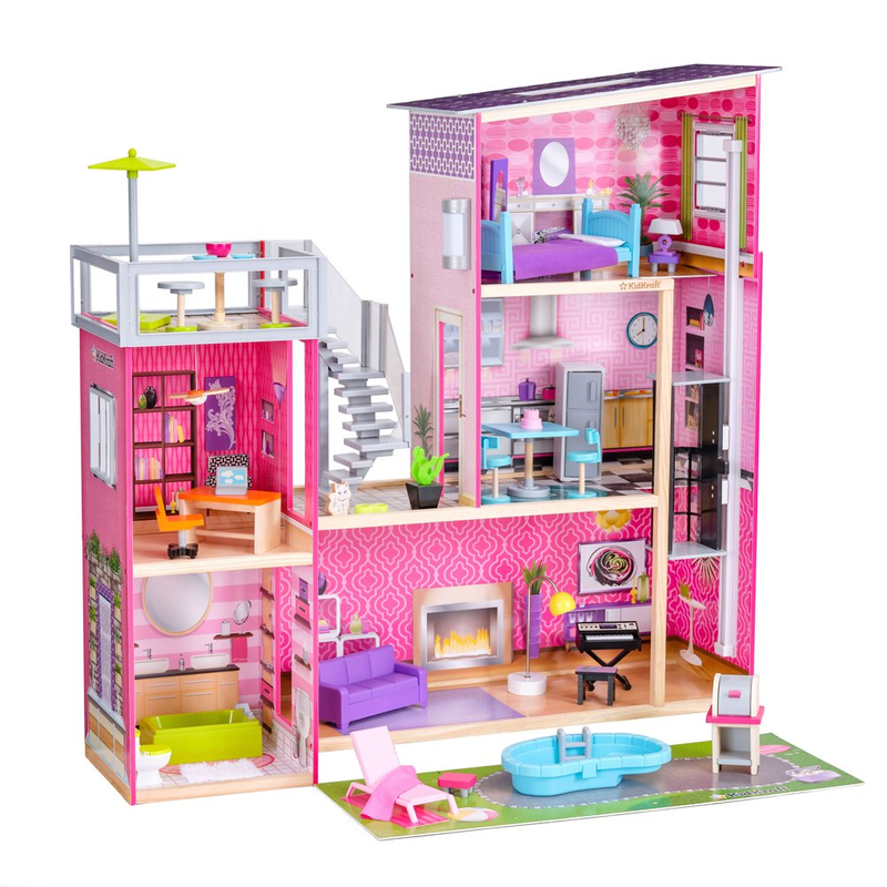 WOODEN DOLLHOUSE for 12-Inch Dolls with 36 Accessories Lights & Sounds