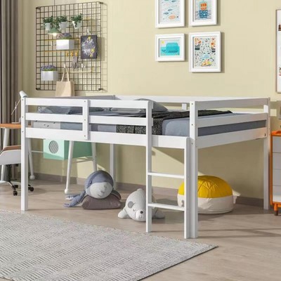 Full Size Loft Bed Low Height Wood Bed Frame Sleeper Kids Bedroom Furniture US