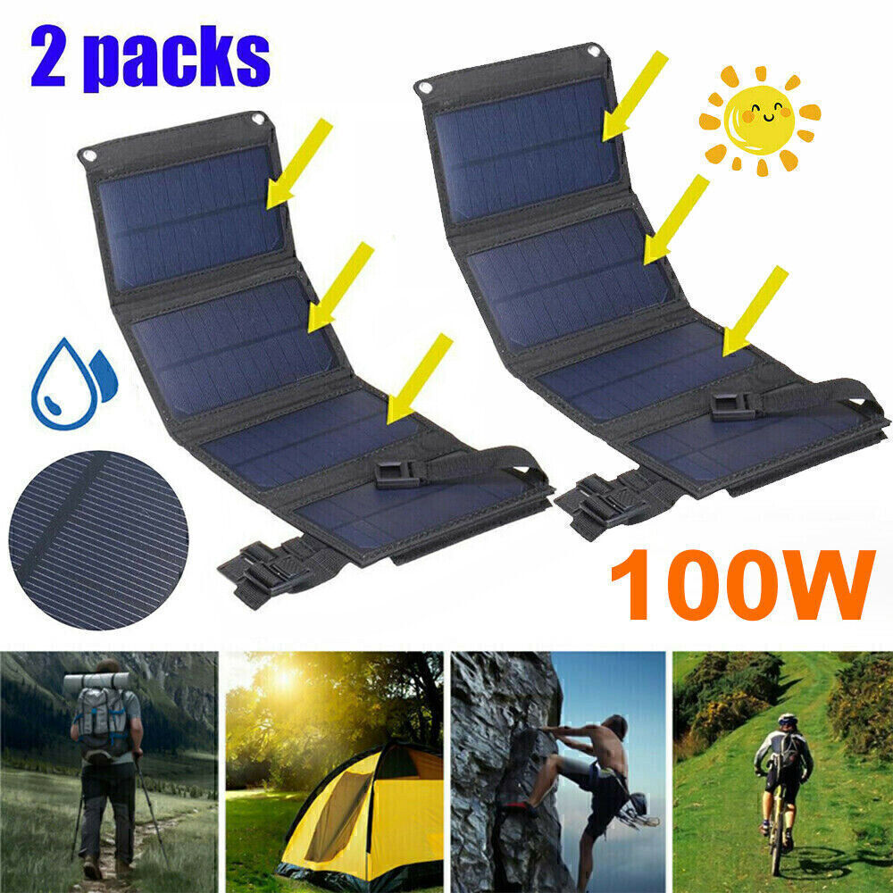 2x 100W USB Solar Panel Folding Power Bank Outdoor Camping Hiking Phone Charger#