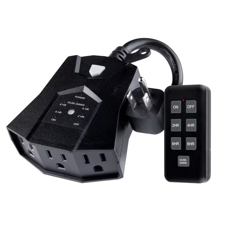 Outdoor Digital Timer 3 Outlet Light Sensor Remote Control Weather Resistant