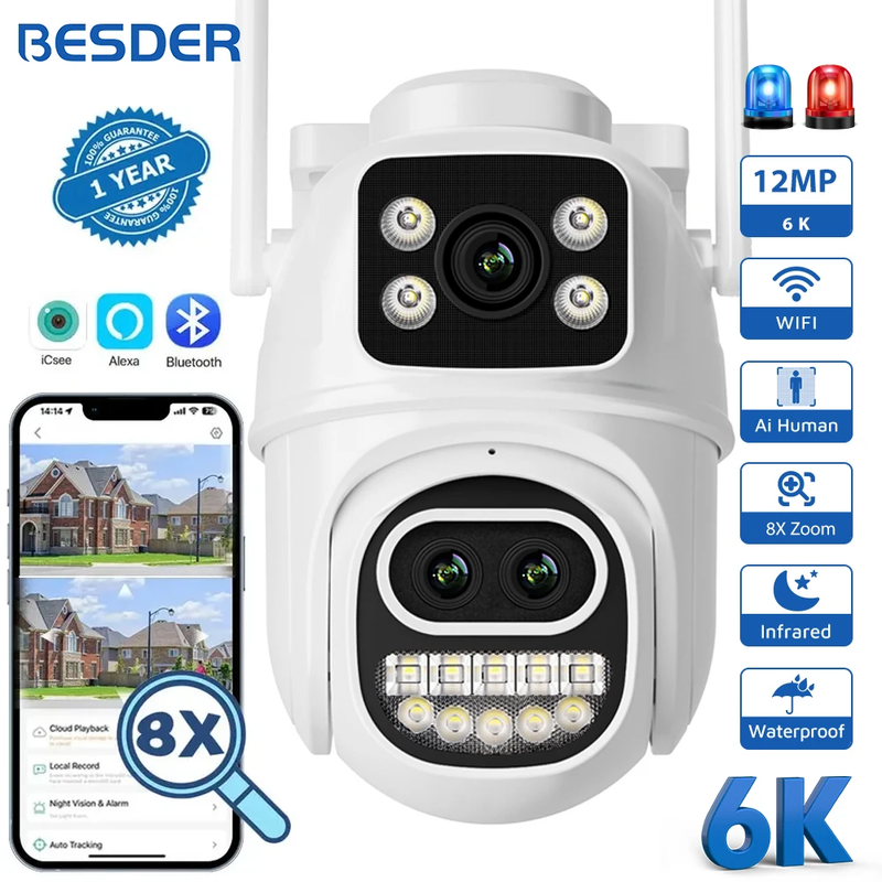 6K 12MP Wifi Camera PTZ Dual Screen 8X Digital Zoom AI Auto Tracking Outdoor 8MP