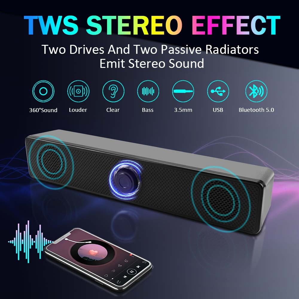 Bluetooth 5.0 Stereo Bass Sound Computer Speakers  Wired Soundbar for Laptop PC