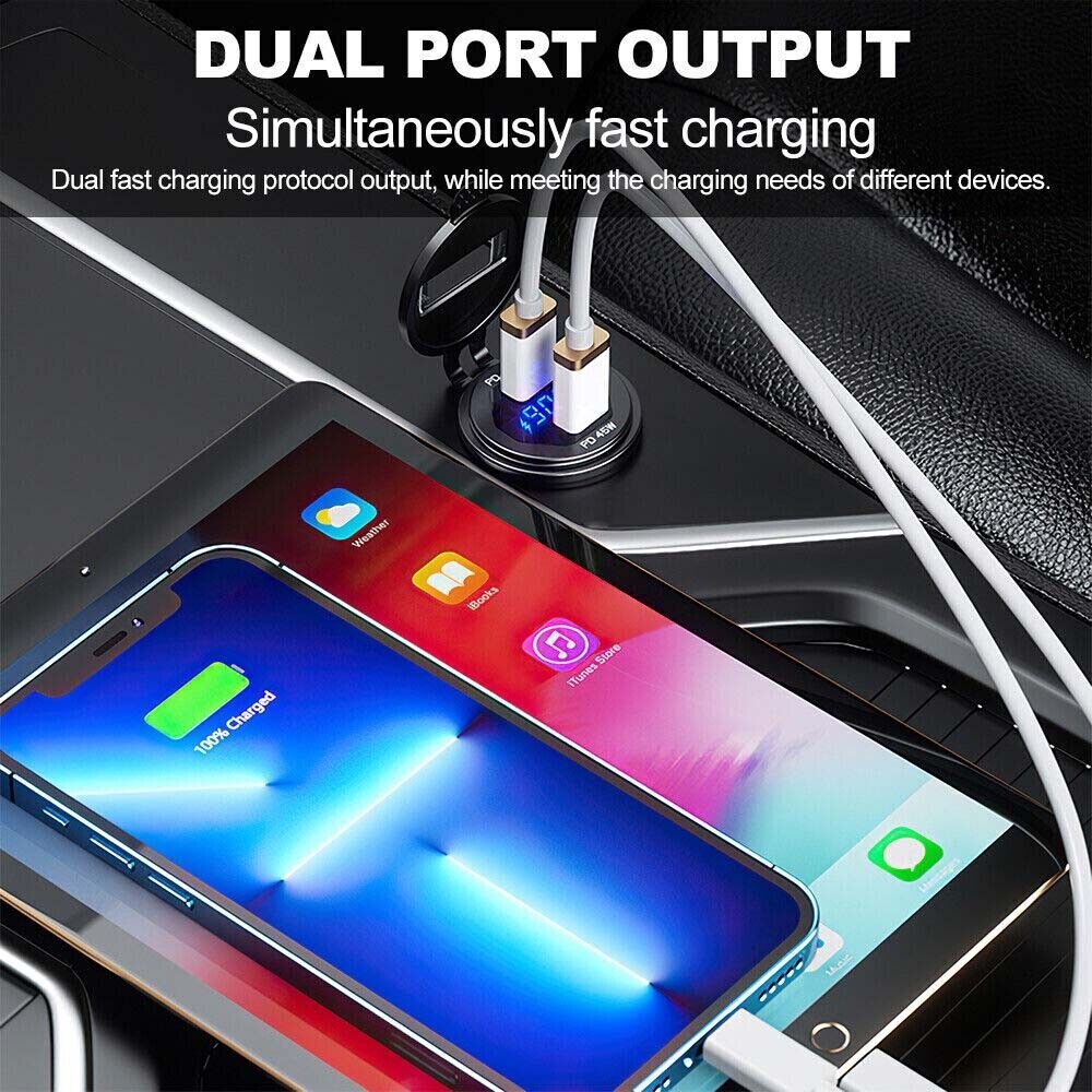 Metal 45W PD Type C Dual USB C Fast Car Charger Socket 12V/24V Car Power Outlet