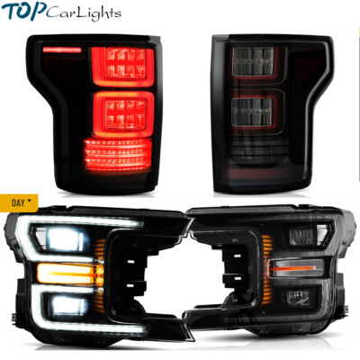 For 2018-2020 Ford F-150 Black LED Head Lights + Smoked Tail Lights W/Sequential