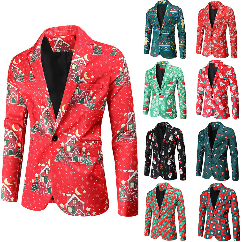 Mens Christmas Elk Snowflake Print Suit Blazer Xmas Party Festival Jacket Coats