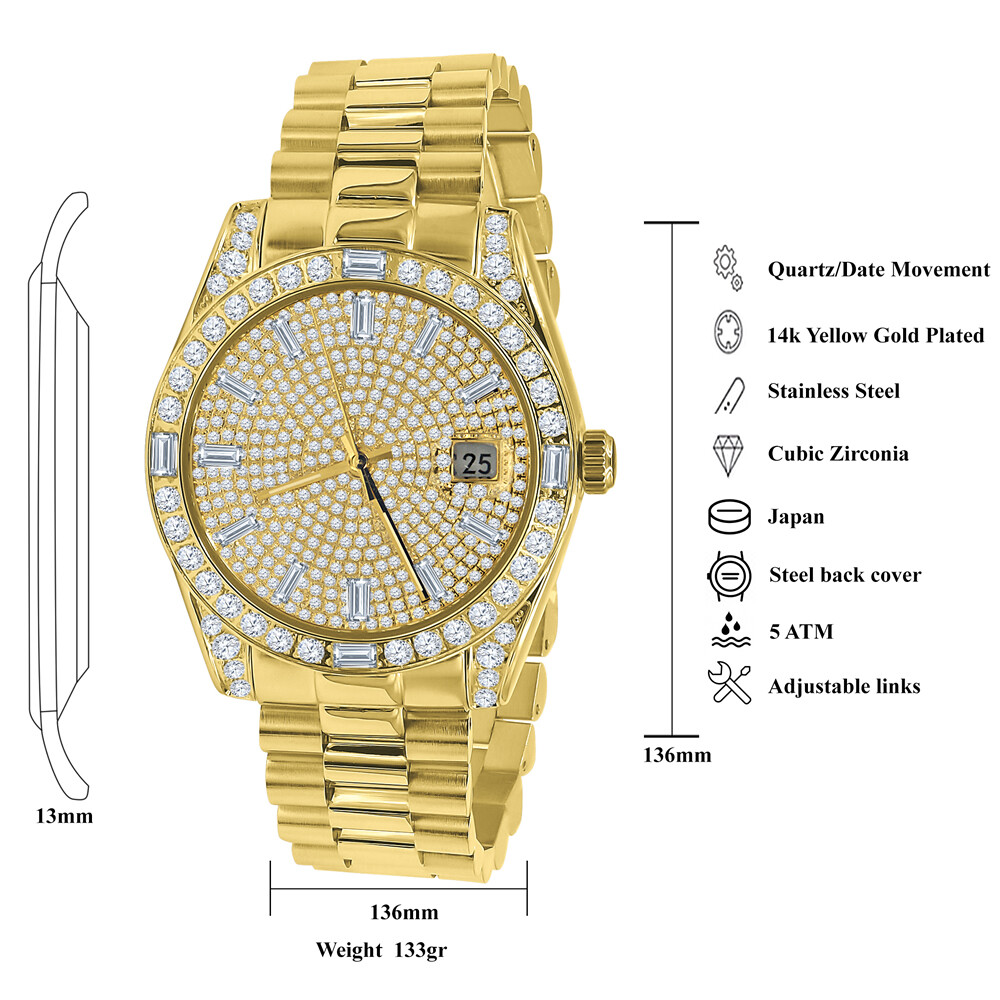 Pre-owned Bling Master Solid Steel 18k Men's Gold Tone Baguette Simulated Diamond President Watch 40mm