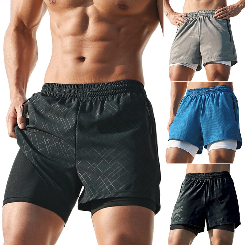 Herren 2 in 1 Laufshorts Training Fitness Kurzhose Sweatshorts Jogger Sport Hose