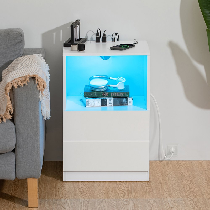 Open Shelf LED Nightstand with Charging Station 2 Drawers Bedside Table RGB Led