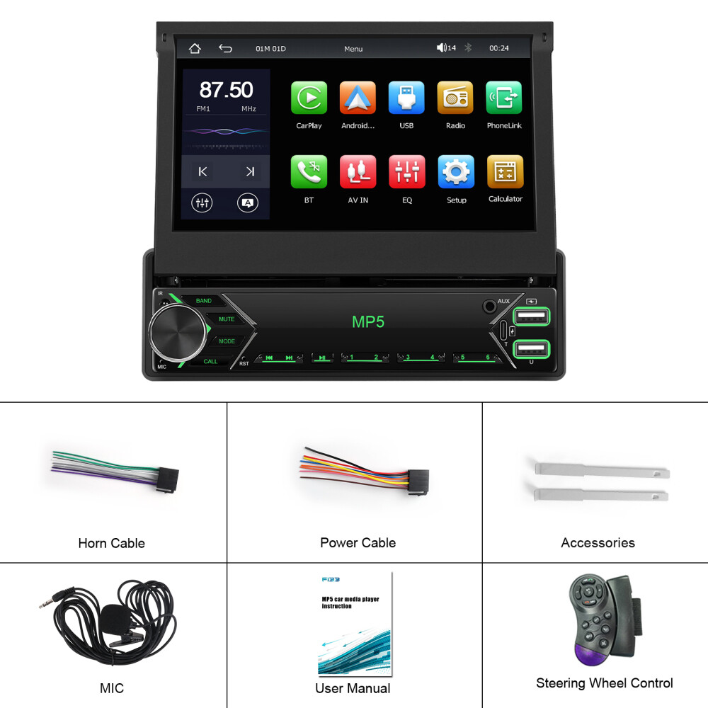 Single 1DIN 7" Car Stereo Radio Apple Carplay Android Auto GPS Flip Out Screen