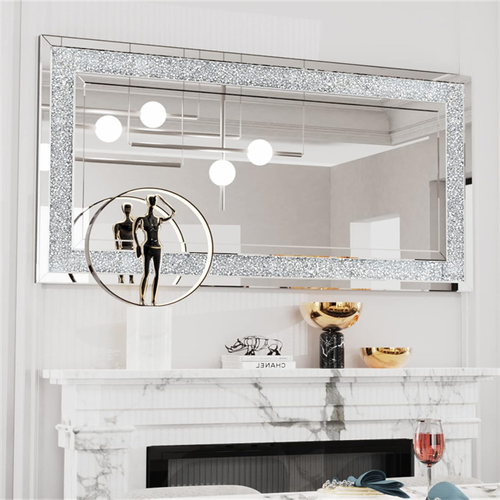 Large Crystal Crush Diamond Rectangle Silver Mirror Wall Hang Frameless Mirror