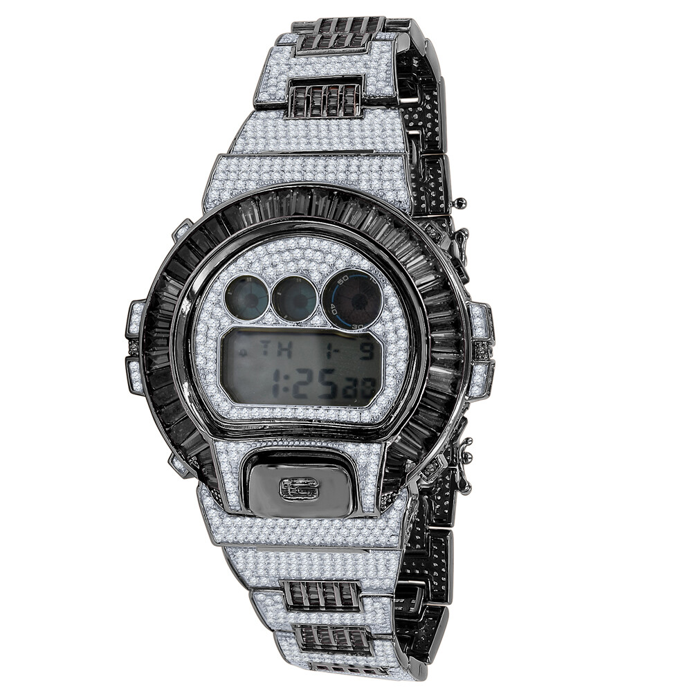Pre-owned Usdiamondking Baguette 2 Tone Black Gold Casio Digital Shock Authentic Dw-6900 Custom Watch