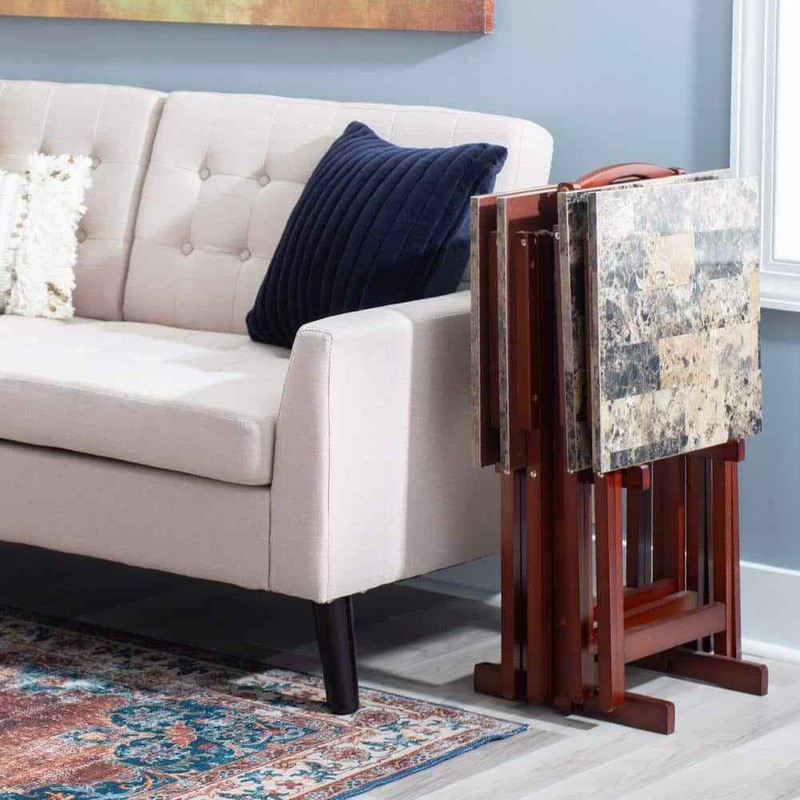TV Dinner Tray Set Of 4 Faux Marble With Stand Wood Folding Living Room Table