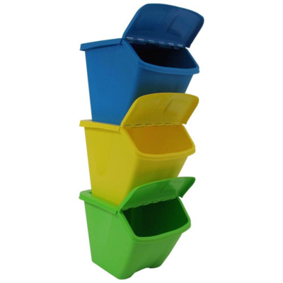3-Pack Multi-Color Stackable Outdoor Angled-Lid Hold Open 30 Gal. Recycling Bin