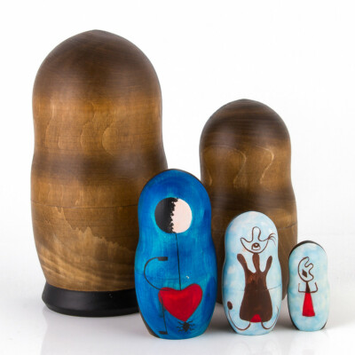 5 pc Joan Miro Maternity Nesting Doll Surrealism Painting Handmade 7"