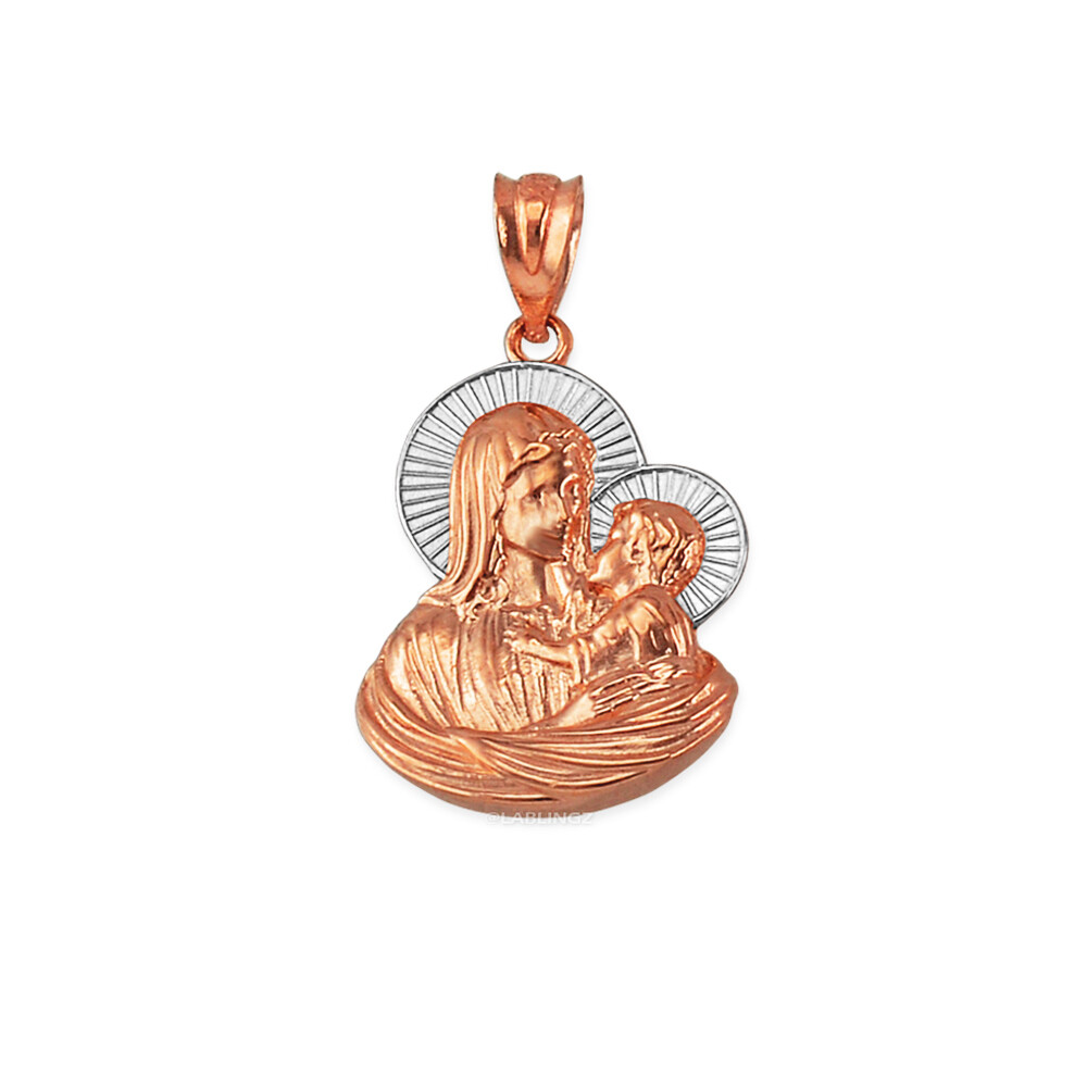 Pre-owned La Blingz 14k Two-tone Rose Gold Virgin Mary Baby Jesus Unisex Pendant Necklace