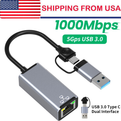 2 in 1 USB/Type C to RJ45 External Adapter USB 3.0 to Ethernet 1000Mbps Adapter