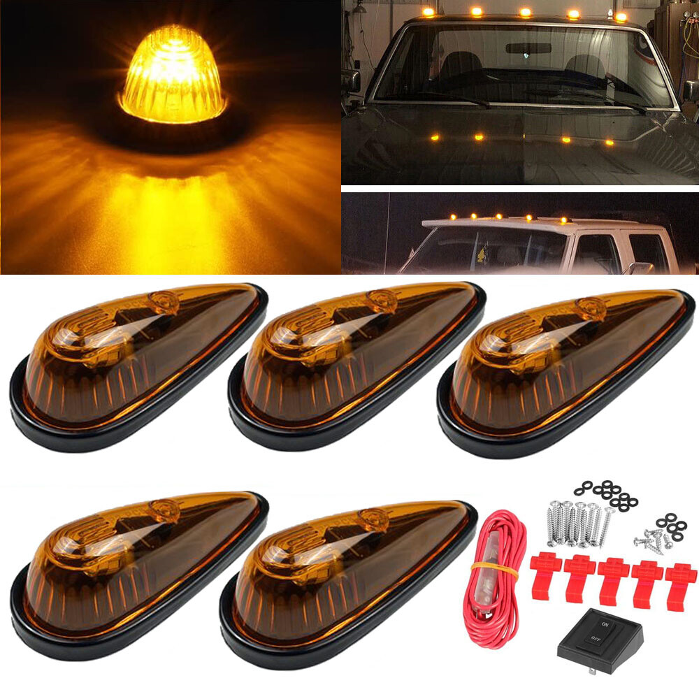 5pcs Cab Roof Clearance Marker Teardrop Amber LED Lights Ford Chevy Dodge Pickup