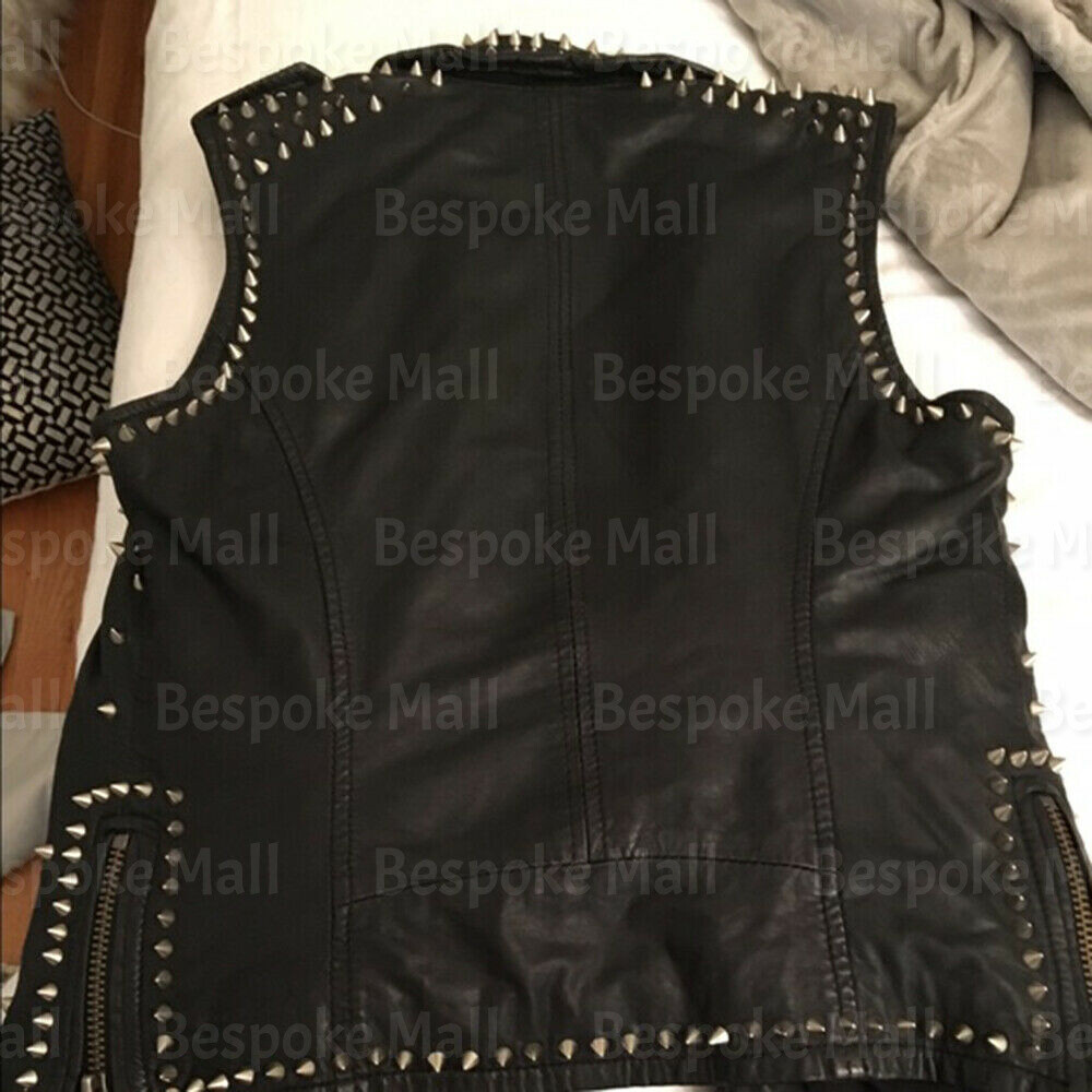 Pre-owned Handmade Men's Black Full Silver Spiked Punk Unique Cowhide Biker Leather Vest-718