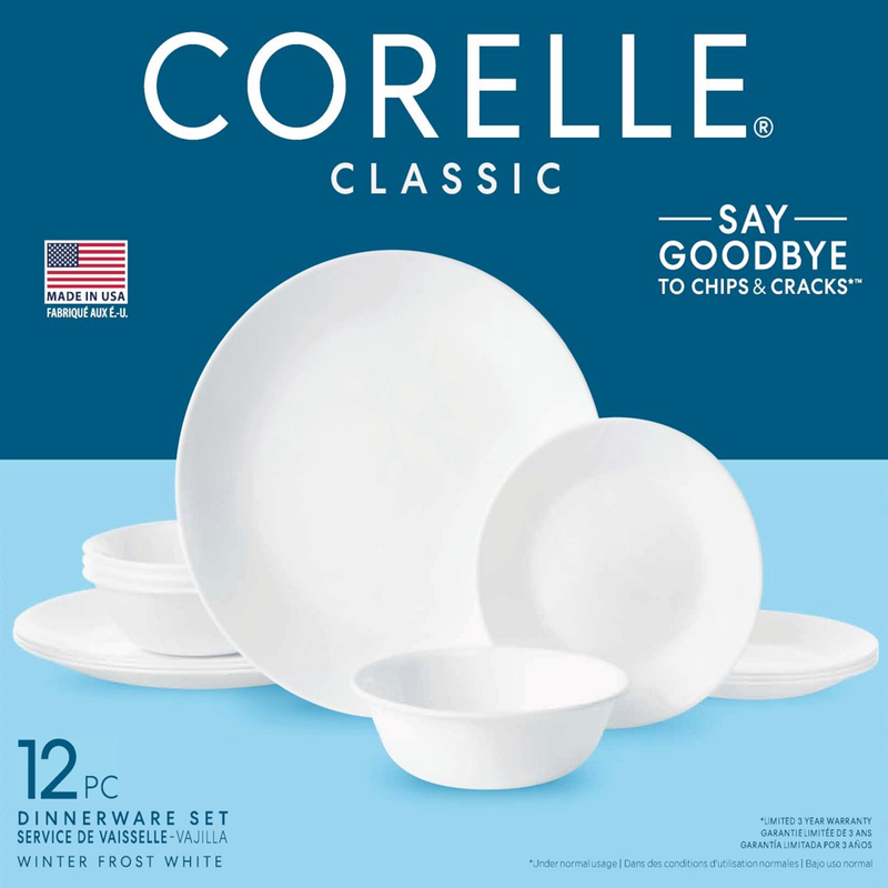 Corelle Winter Frost White, 12 pcs Dinnerware Dining Set for 4, Livingware