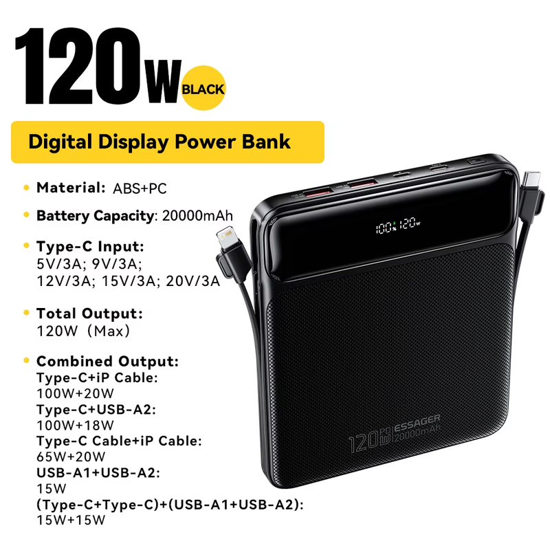 100W Power Bank 20000mAh Capacity PD Fast Charging Battery Charger Powerbank For