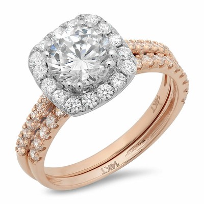 Pre-owned Pucci 2.10 Ct Round Halo Wedding Ring Band Set 14k Rose/white Gold Simulated Diamond In White/colorless